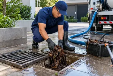 Especialista desentupindo uma rede pluvial em Santana durante a chuva.