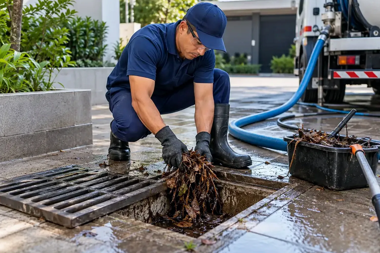 Especialista desentupindo uma rede pluvial em Santana durante a chuva.