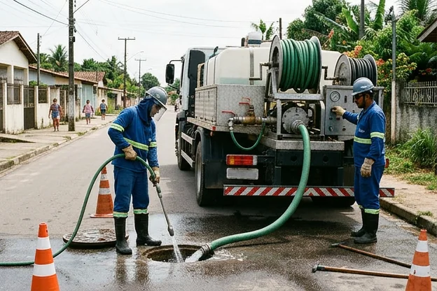 Máquina de hidrojateamento operada por técnicos em Santana.