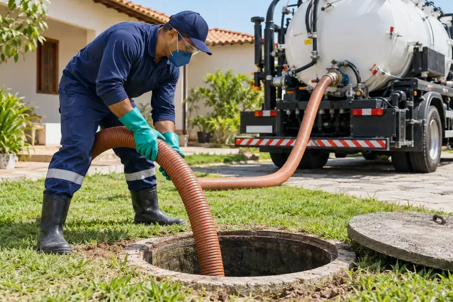 Profissional realizando a limpeza de uma fossa séptica em Santana.
