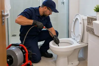 Técnico desentupindo um vaso sanitário em residência de Santana.