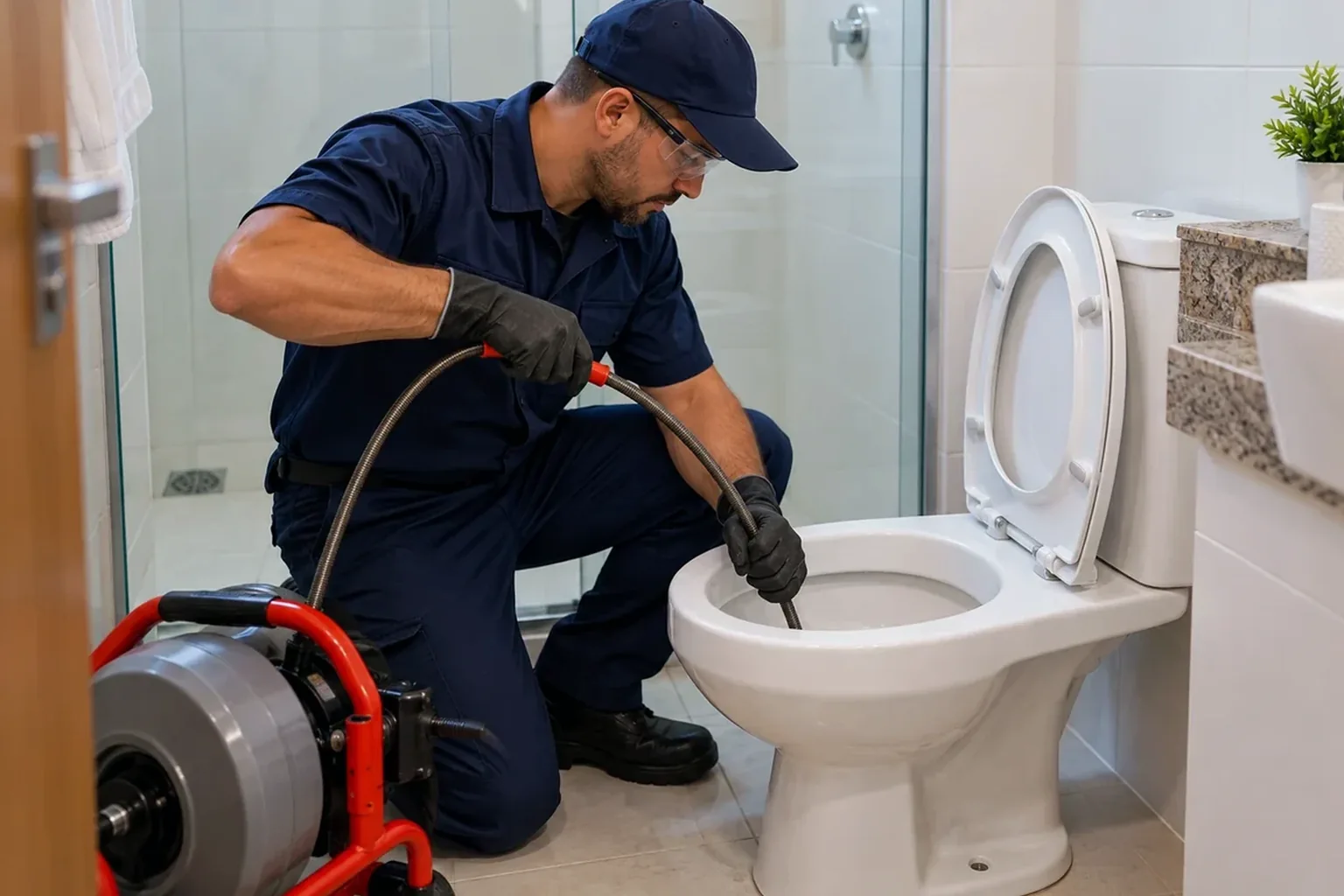 Técnico desentupindo um vaso sanitário em residência de Santana.