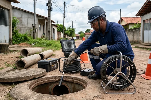Técnico inspecionando tubulações com câmera em Santana.