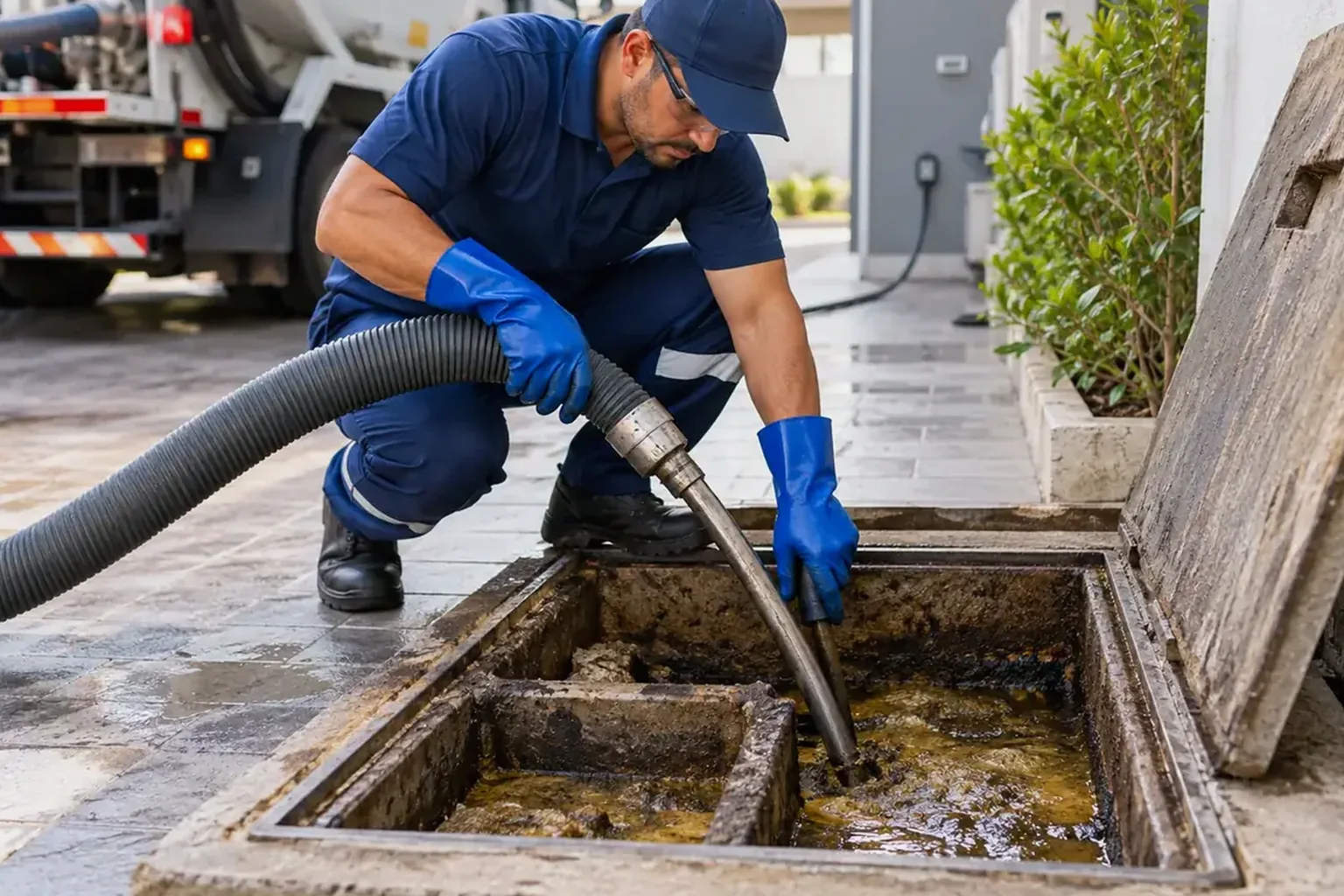 Técnico limpando uma caixa de gordura em Santana.