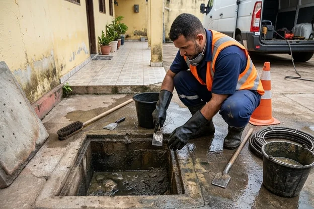 Técnico limpando uma caixa de gordura em Santana.