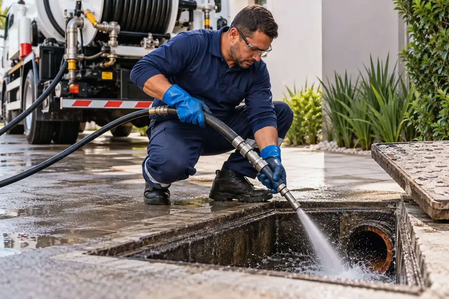Técnico usando hidrojateamento para limpar tubulações em Santana.